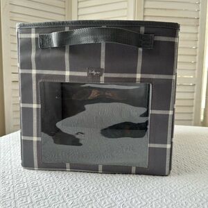 Thirty-one storage cube/bin/tote, grey and white plaid w/ clear front window